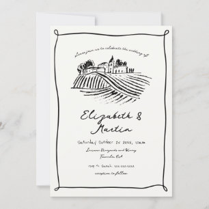 Invitation Mariage à la vigne tendance noir et blanc dessiné 
