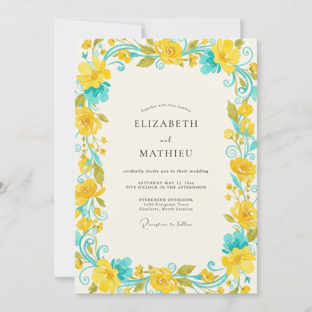 Invitation Mariage à la Vigne Turquoise Jaune (Devant)