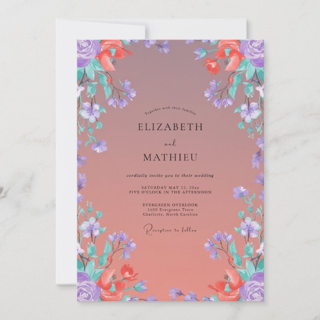 Invitation Mariage à la Vigne Violette Corail (Devant)