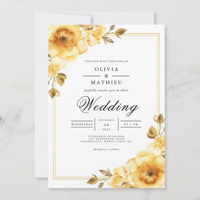 Invitation Mariage à l'Accent Floral Doré (Devant)