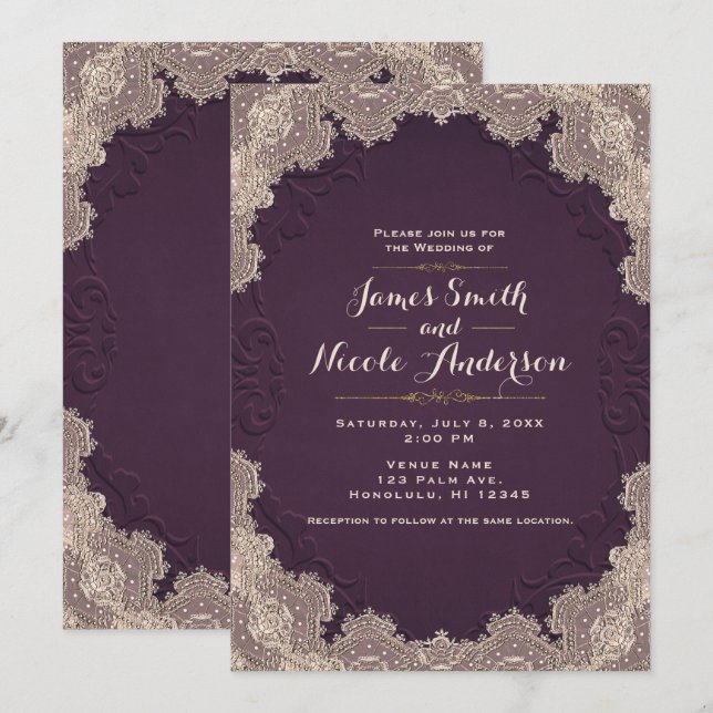 Invitation Mariage à lacets en cuir prune violet (Devant / Derrière)