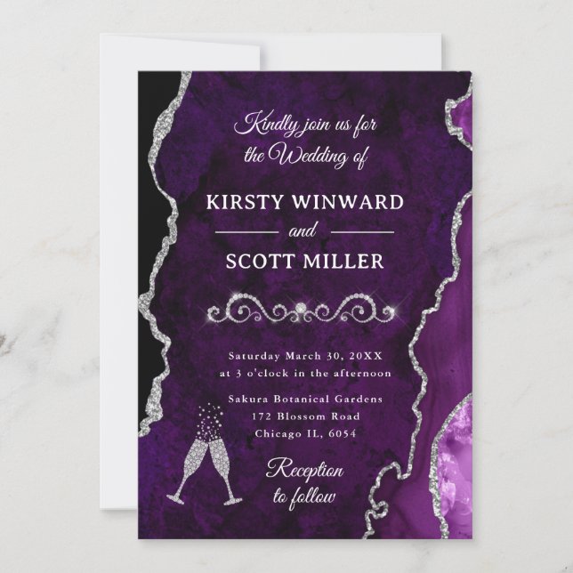 Invitation Mariage à l'agate et au marbre scintillant violet  (Devant)