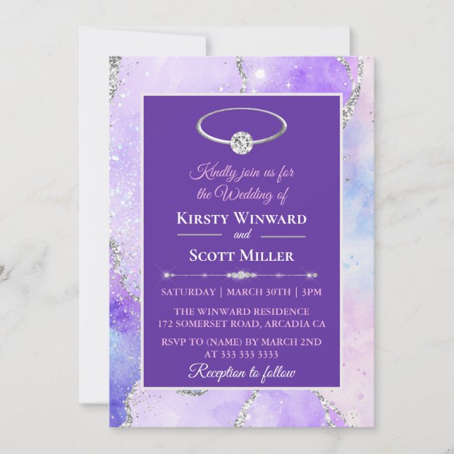 Invitation Mariage à l'agate pailletée argent lilas (Devant)