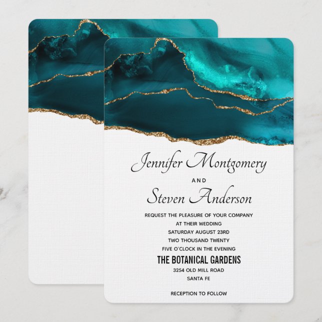 Invitation Mariage à l'agate sarcelle or et blanc de style mo (Devant / Derrière)