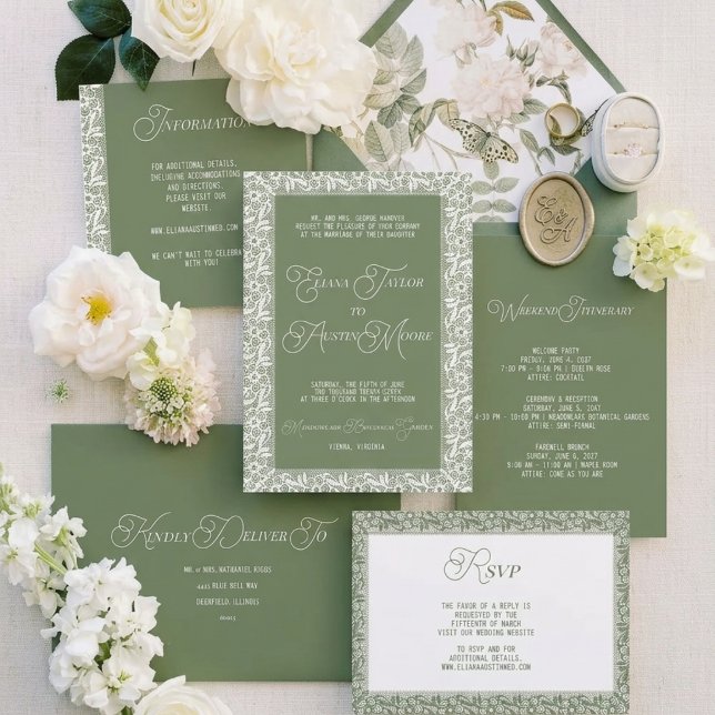 Invitation Mariage à l'ancienne avec dentelle olive (Créateur téléchargé)