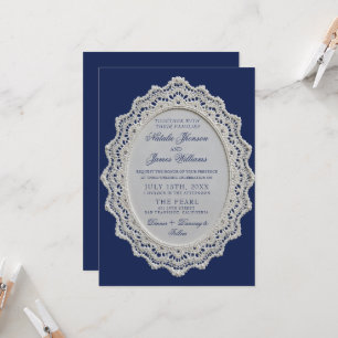 Invitation Mariage à l'ancienne bleu marine Broderie dentelle