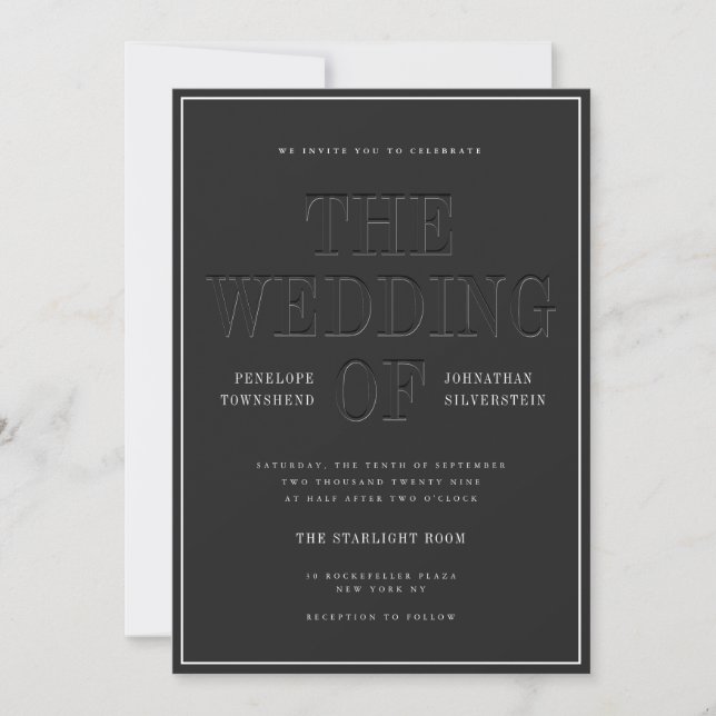 Invitation Mariage à l'ancienne typographie en relief faux no (Devant)