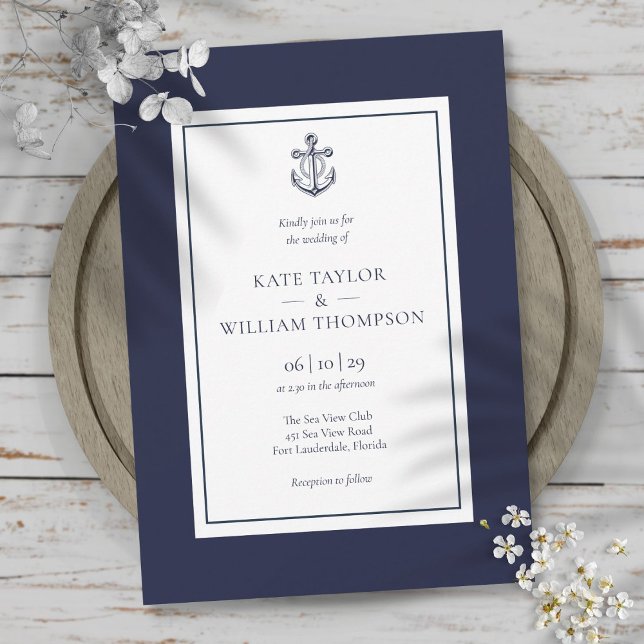 Invitation Mariage à l'ancre bleu marine et blanc (Nautical Navy Blue And White Anchor Wedding Invitation)
