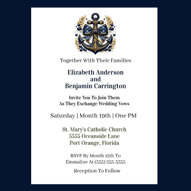 Invitation Mariage à l'ancre nautique bleue et or (Nautical blue and gold anchor wedding invitation with photo elegant seaside theme
)