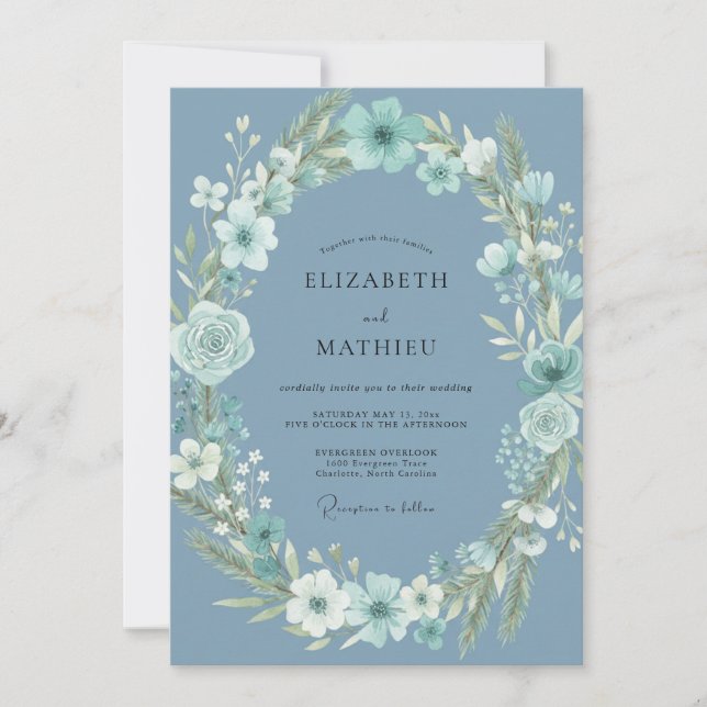 Invitation Mariage à l'anémone Aqua Acier (Devant)