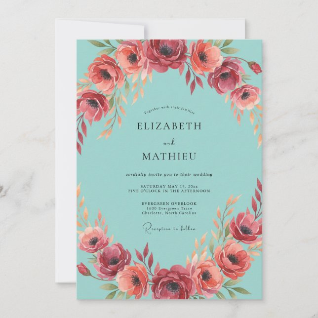 Invitation Mariage à l'anémone Aqua Crimson (Devant)