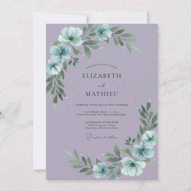 Invitation Mariage à l'anémone aqua lilas (Devant)