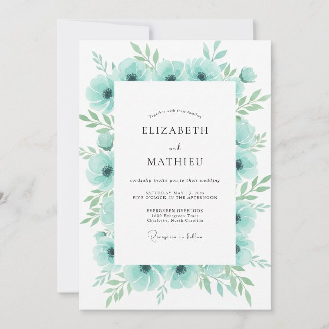 Invitation Mariage à l'anémone aquamarine (Devant)