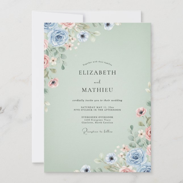 Invitation Mariage à l'Anémone Aquarelle Céladon (Devant)