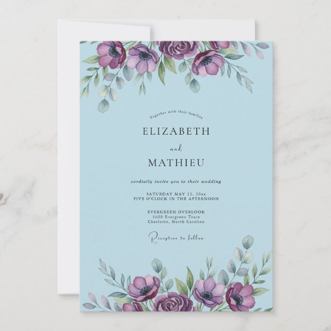 Invitation Mariage à l'anémone Bleu Ardoise Poudré (Devant)