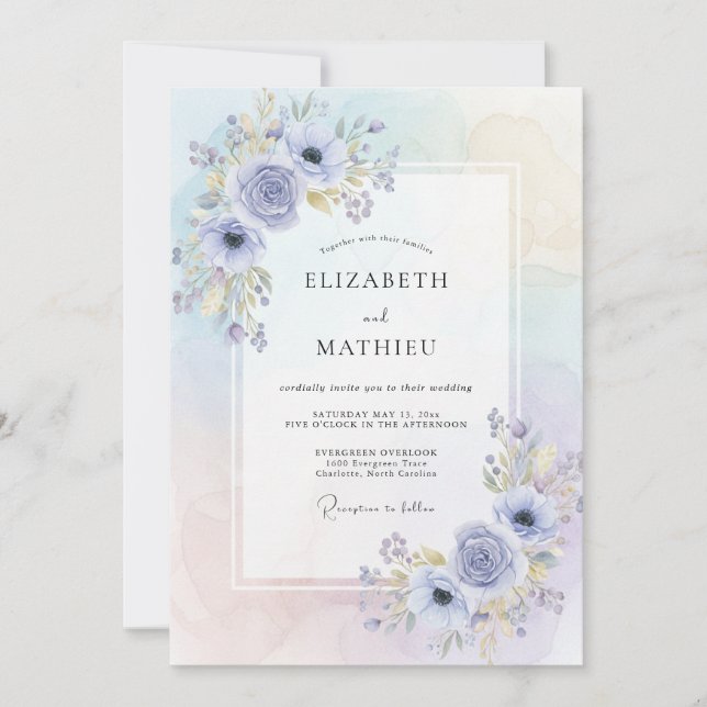 Invitation Mariage à l'anémone dorée et au bleu pervenche (Devant)