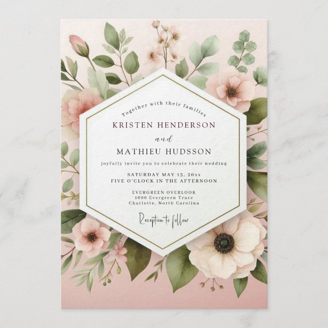 Invitation Mariage à l'Anémone Éthérée Rose (Devant)
