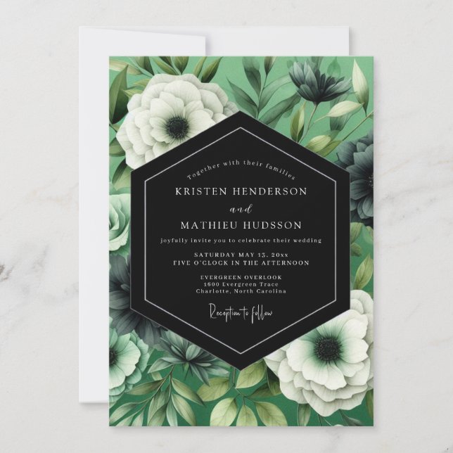 Invitation Mariage à l'Anémone Noir Emeraude (Devant)