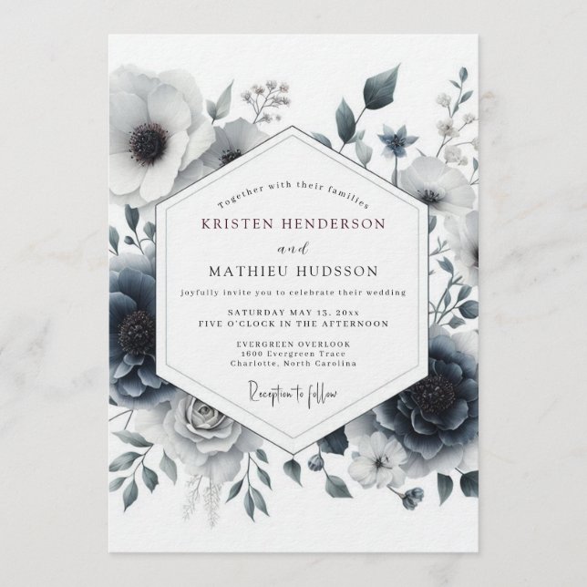 Invitation Mariage à l'anémone ombrale ardoise (Devant)