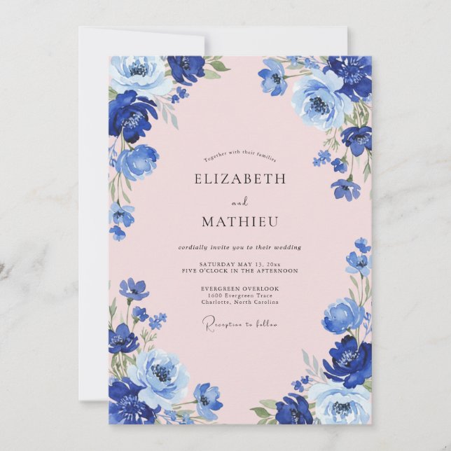Invitation Mariage à l'anémone rose azur (Devant)