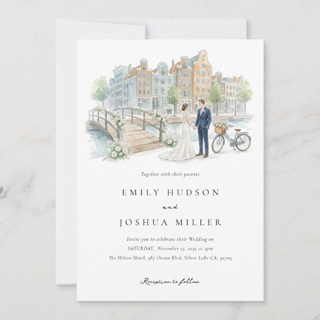 Invitation Mariage à l'aquarelle à Amsterdam (Devant)
