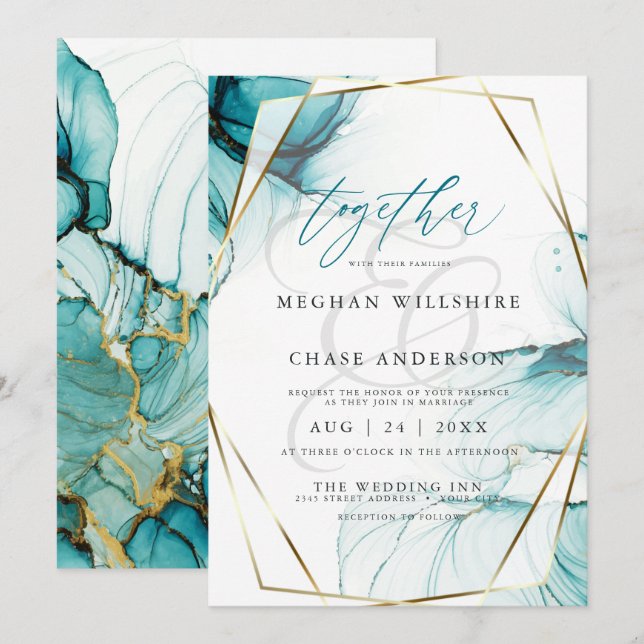 Invitation Mariage à l'aquarelle à l'encre d'alcool sarcelle  (Devant / Derrière)