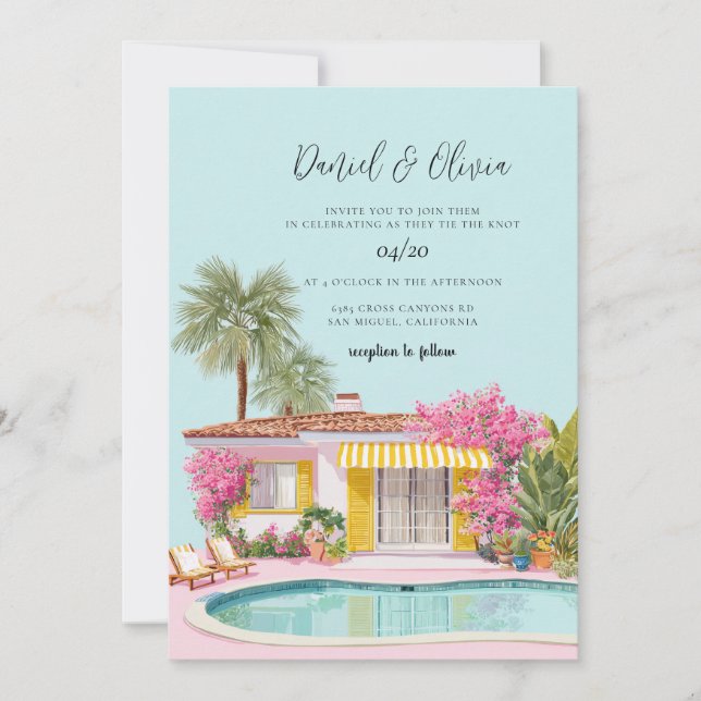 Invitation Mariage à l'aquarelle à Miami Beach (Devant)