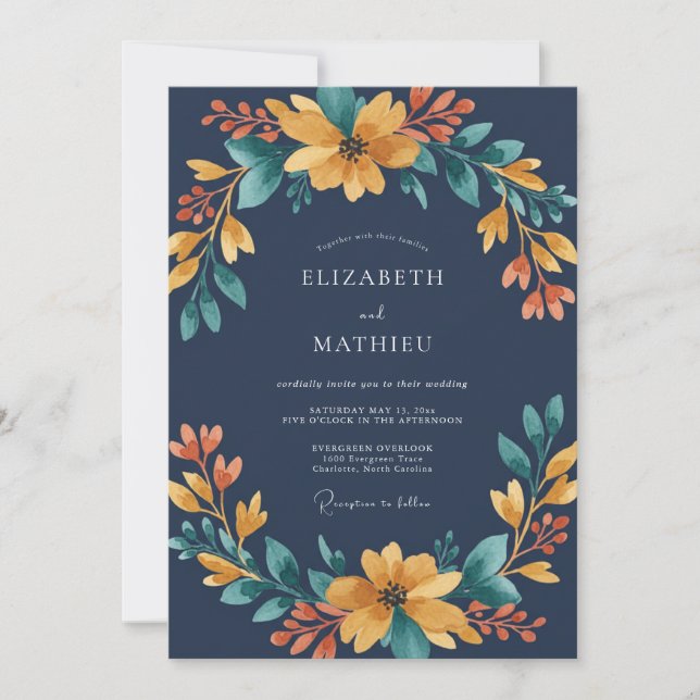Invitation Mariage à l'aquarelle ambre et marine (Devant)