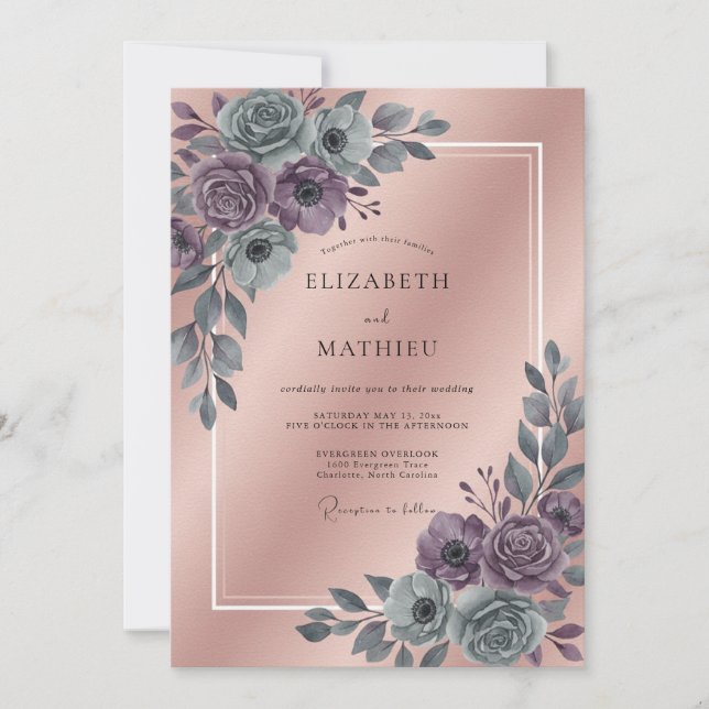 Invitation Mariage à l'aquarelle Améthyste Ardoise (Devant)