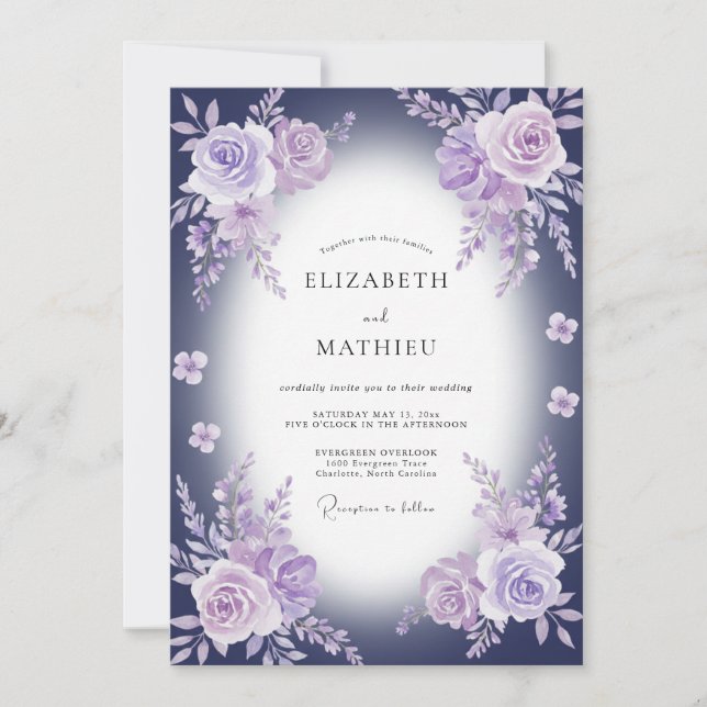 Invitation Mariage à l'aquarelle Améthyste Indigo Paeonia (Devant)