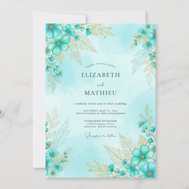 Invitation Mariage à l'aquarelle Aqua Splendid (Devant)