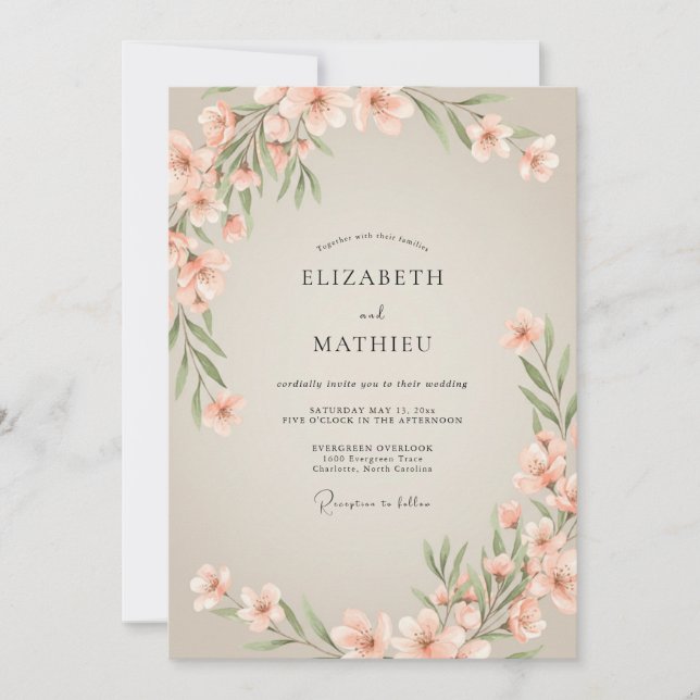 Invitation Mariage à l'aquarelle aux feuilles de pêche (Devant)