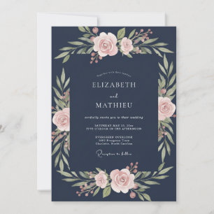 Invitation Mariage à l'aquarelle avec blush et marine profond