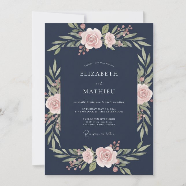 Invitation Mariage à l'aquarelle avec blush et marine profond (Devant)