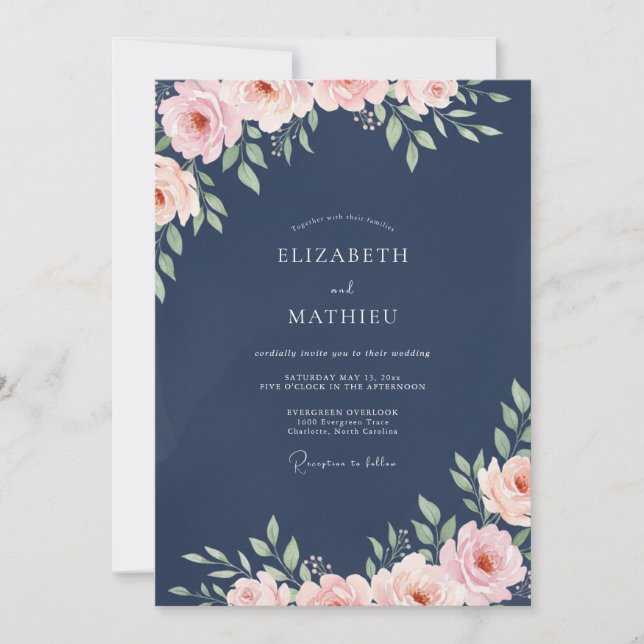 Invitation Mariage à l'aquarelle avec du pêche et du bleu mar (Devant)