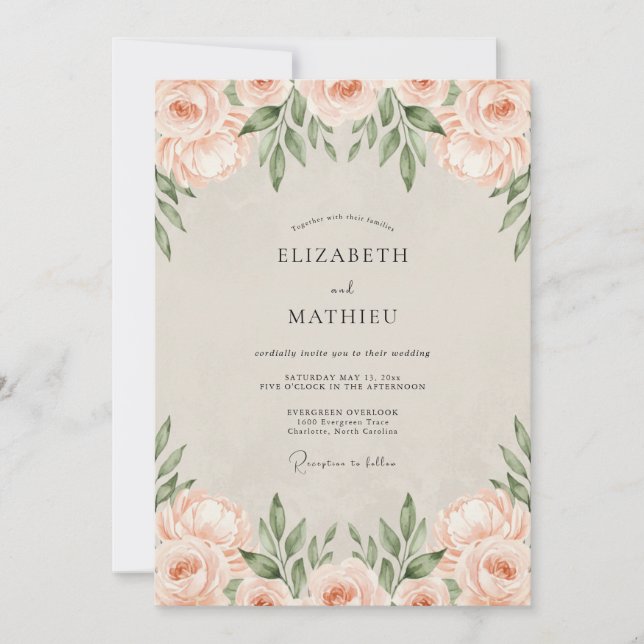Invitation Mariage à l'aquarelle avec feuillage et abricot (Devant)