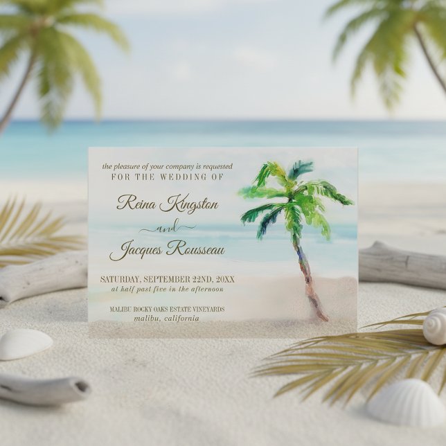 Invitation Mariage à l'aquarelle avec un palmier de plage tro (Créateur téléchargé)