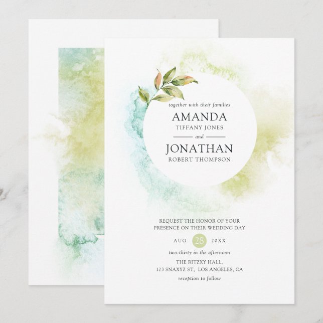 Invitation Mariage à l'aquarelle avec verdure (Devant / Derrière)