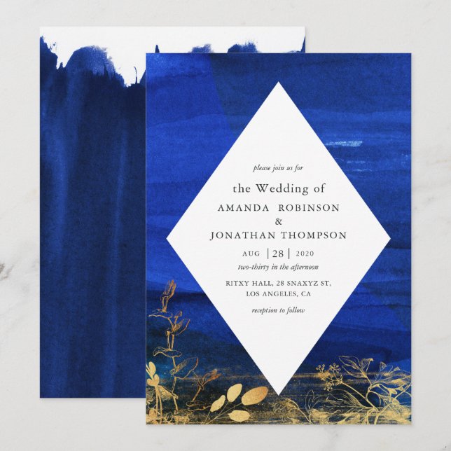Invitation Mariage à l'aquarelle bleu marine et blanc (Devant / Derrière)