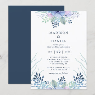 Invitation Mariage à l'aquarelle bleu marine florale hivernal