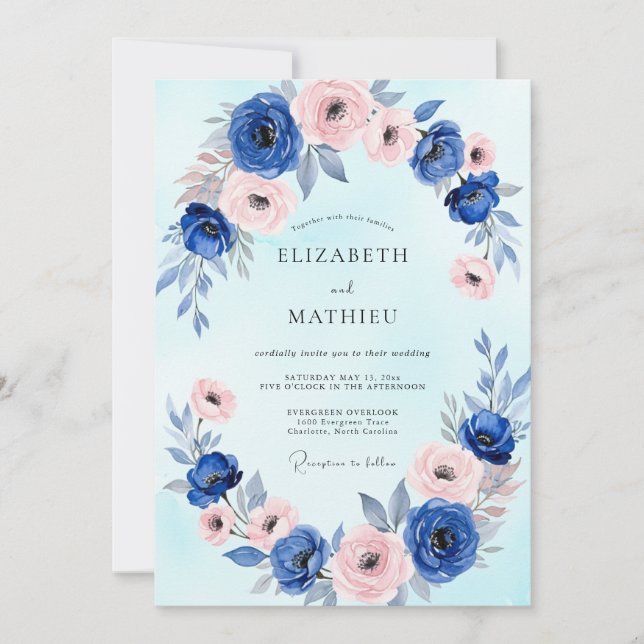 Invitation Mariage à l'aquarelle bleu royal délicat (Devant)