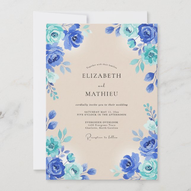 Invitation Mariage à l'aquarelle bleu royal vif (Devant)
