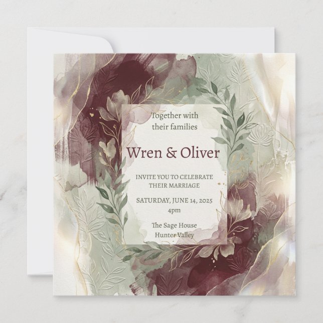 Invitation Mariage à l'aquarelle bordeaux (Devant)