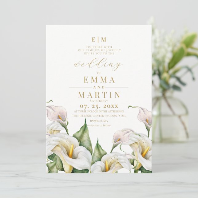 Invitation Mariage à l'aquarelle botanique au lys calla (Debout devant)