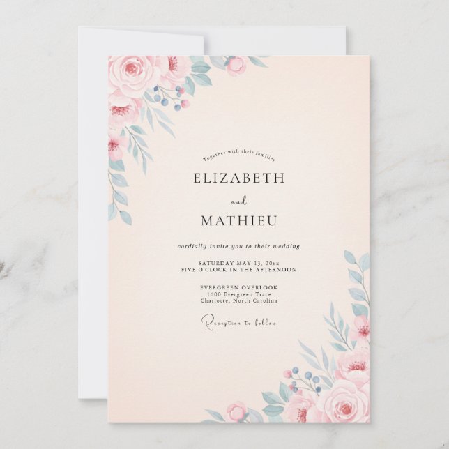 Invitation Mariage à l'aquarelle botanique bleu rosé (Devant)