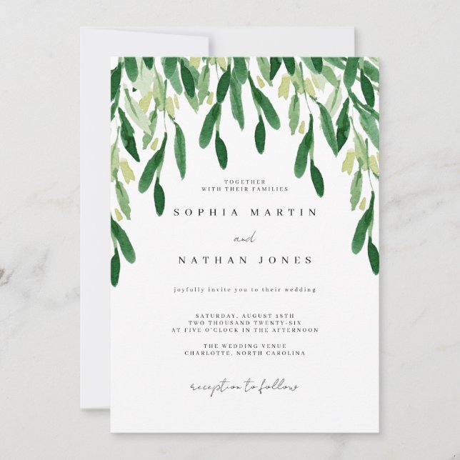 Invitation Mariage à l'aquarelle botanique feuille verte  (Devant)