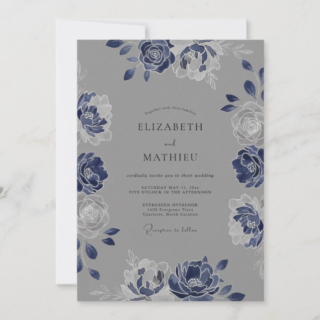 Invitation Mariage à l'aquarelle botanique Indigo Slate (Devant)