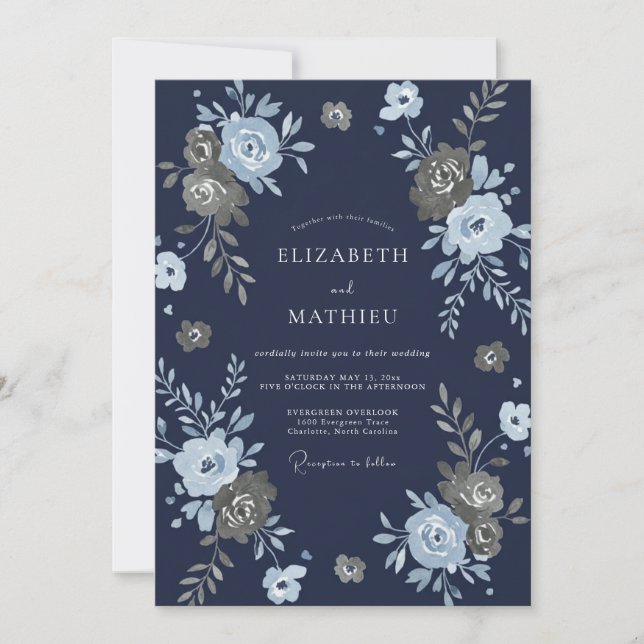 Invitation Mariage à l'aquarelle botanique Or et Nuit (Devant)