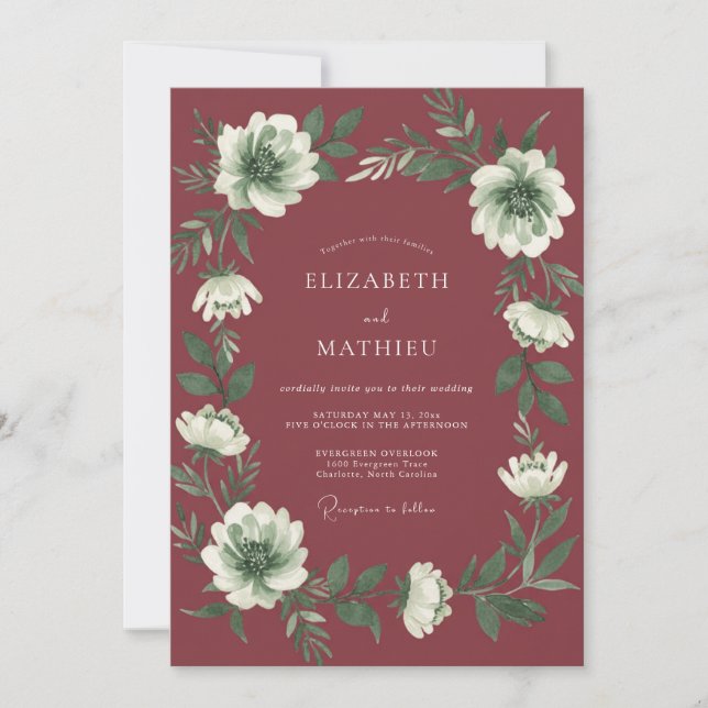 Invitation Mariage à l'aquarelle botanique Rose profonde (Devant)