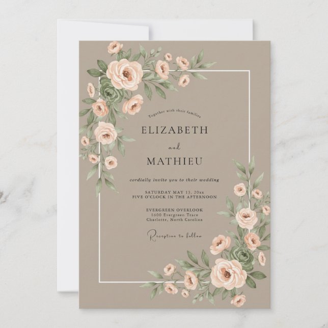 Invitation Mariage à l'aquarelle botanique Taupe Blush (Devant)